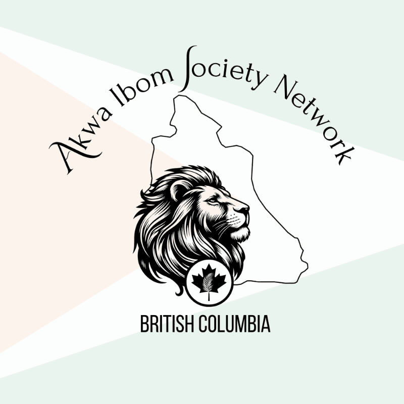 A lion's head with a maple leaf emblem is superimposed on a map of Akwa Ibom, with "Akwa Ibom Society Network" and "British Columbia" text in the background.