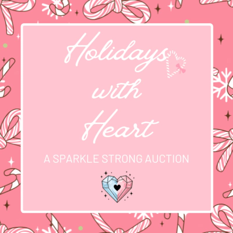 A pink square with "Holidays with Heart" and "A Sparkle Strong Auction" written in white text is surrounded by a background of candy canes and snowflakes.