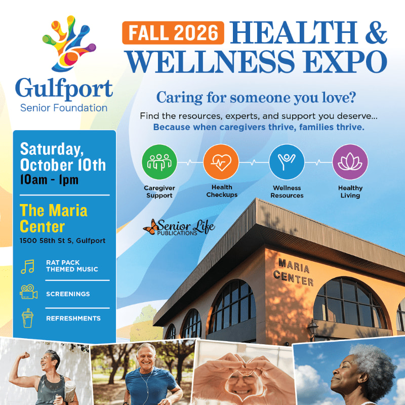 A vibrant flyer for the Fall 2026 Health & Wellness Expo in Gulfport features event details and images of happy seniors in the foreground, with a building labeled "Maria Center" in the background.
