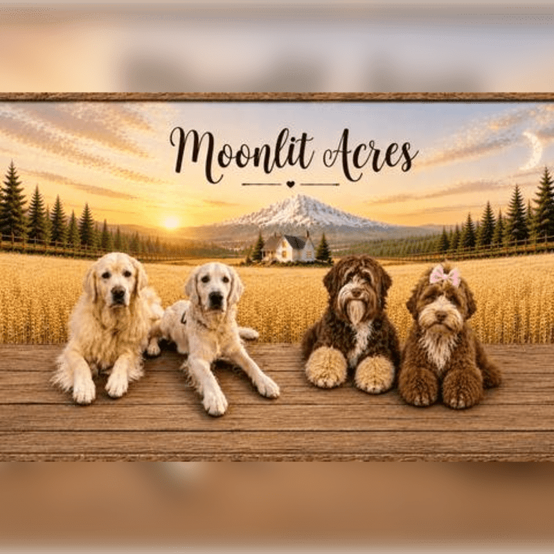 Four dogs rest on a wooden deck in the foreground, with a golden wheat field, a house, and a snow-capped mountain under a sunset sky in the background.