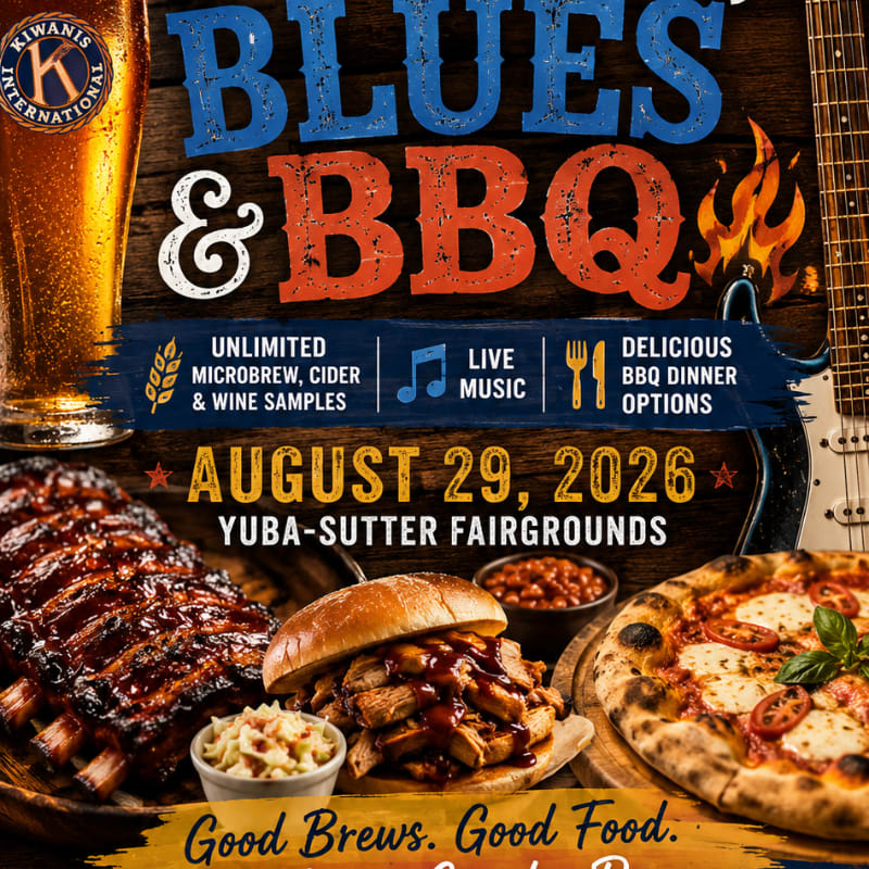 A close-up of BBQ ribs, a pulled pork sandwich, and pizza in the foreground is set against a background of text advertising a "Blues & BBQ" event with a beer, guitar, and flames.