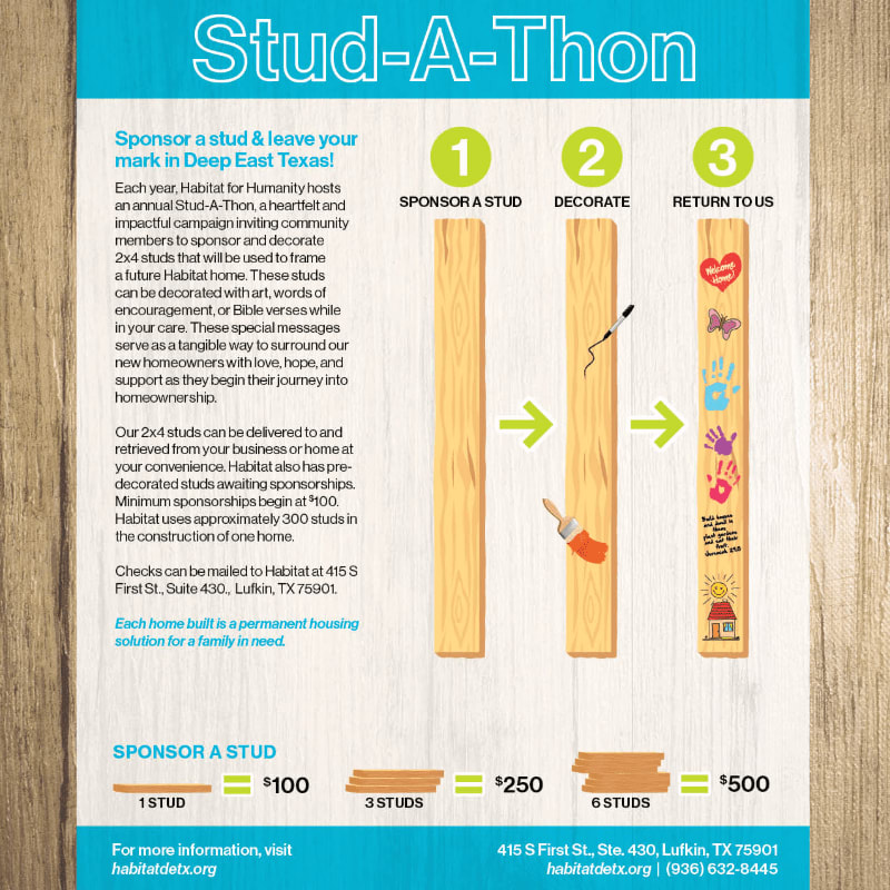 A flyer for "Stud-A-Thon" shows three wooden studs in the foreground, illustrating the process of sponsoring, decorating, and returning them, against a light blue and green background with text detailing the event.