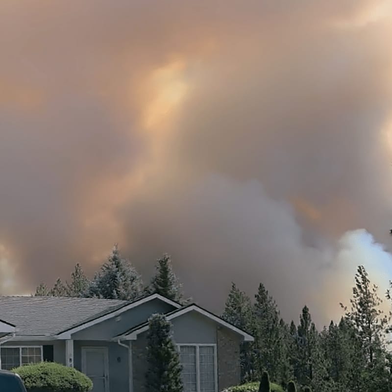 A suburban house with evergreen trees in the foreground is engulfed by thick, orange smoke billowing from a wildfire in the background.