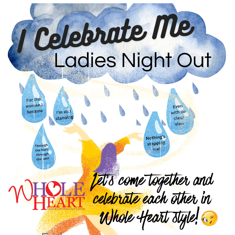 A woman in a yellow dress with purple accents dances under a blue cloud with raindrops, celebrating "Ladies Night Out" with inspirational messages.