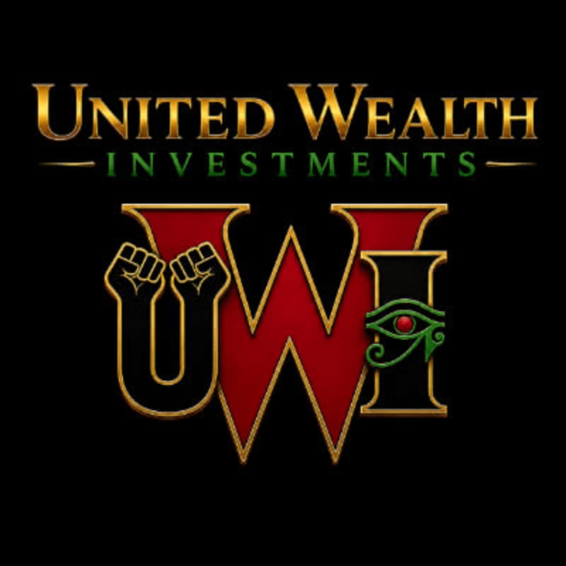 In the foreground, the letters "UWI" are prominently displayed in red and gold, with a raised fist on the left and an Egyptian eye on the right, all set against a black background. Above this, the words "UNITED WEALTH INVESTMENTS" are written in gold and green lettering.