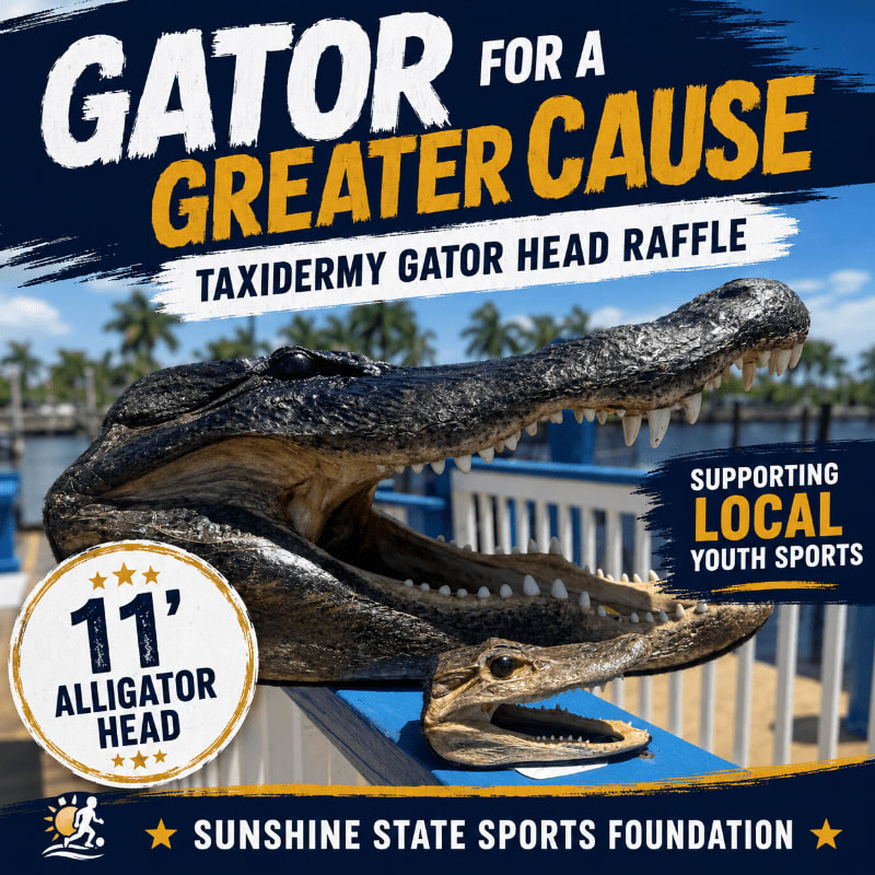 A taxidermied alligator head with an open mouth is displayed in the foreground against a background of a sunny waterfront and text promoting a raffle for a greater cause.