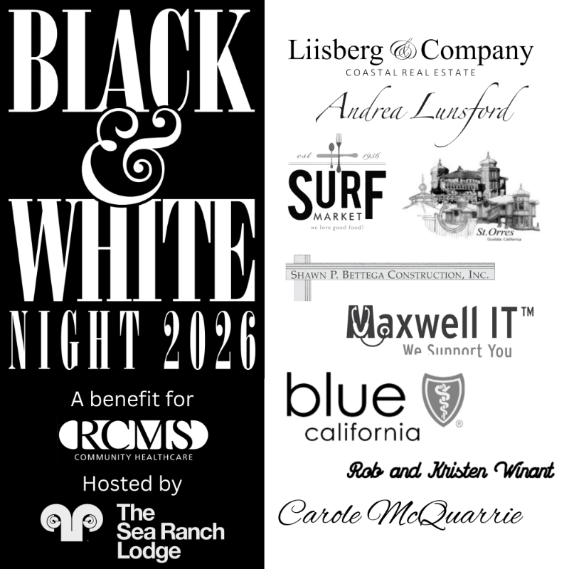 A black and white poster for "Black & White Night 2026" hosted by The Sea Ranch Lodge is on the left, with various sponsor logos and names filling the right side.