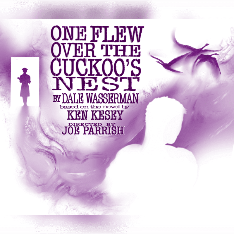 A silhouette of a man stands in the foreground against a purple abstract background, with the title "One Flew Over the Cuckoo's Nest" and flying birds in the upper right corner.