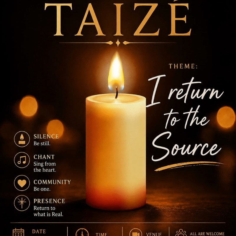 A lit candle in the foreground illuminates the words "TAIZE" and "I return to the Source" against a dark background with bokeh lights.