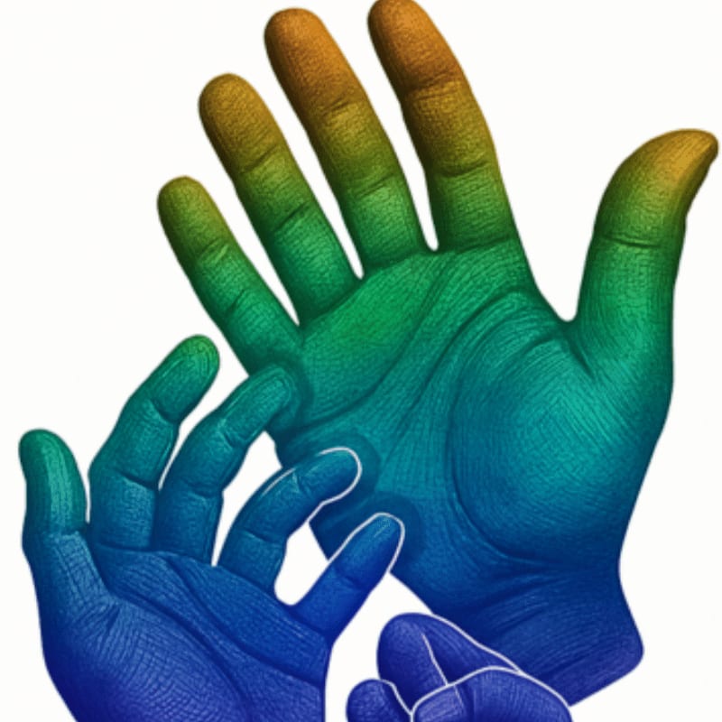 Two hands, one larger and one smaller, are colored with a rainbow gradient from blue to yellow and orange, set against a plain white background.