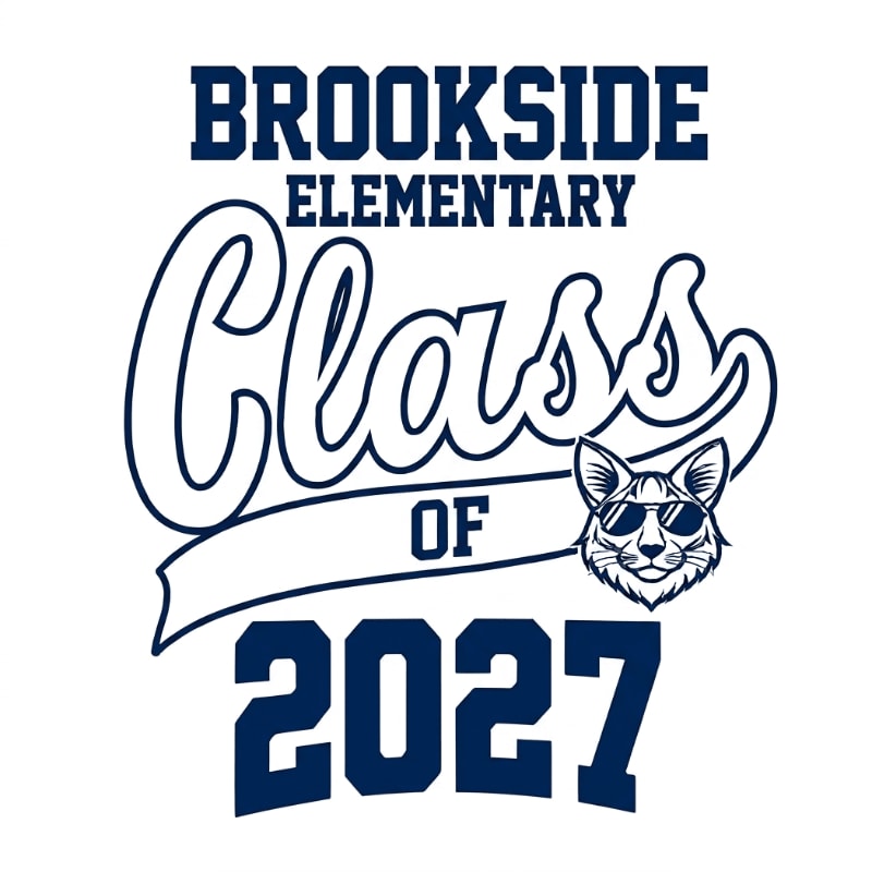 A stylized bobcat wearing sunglasses stands to the right of the text "Brookside Elementary Class of 2027" on a white background.