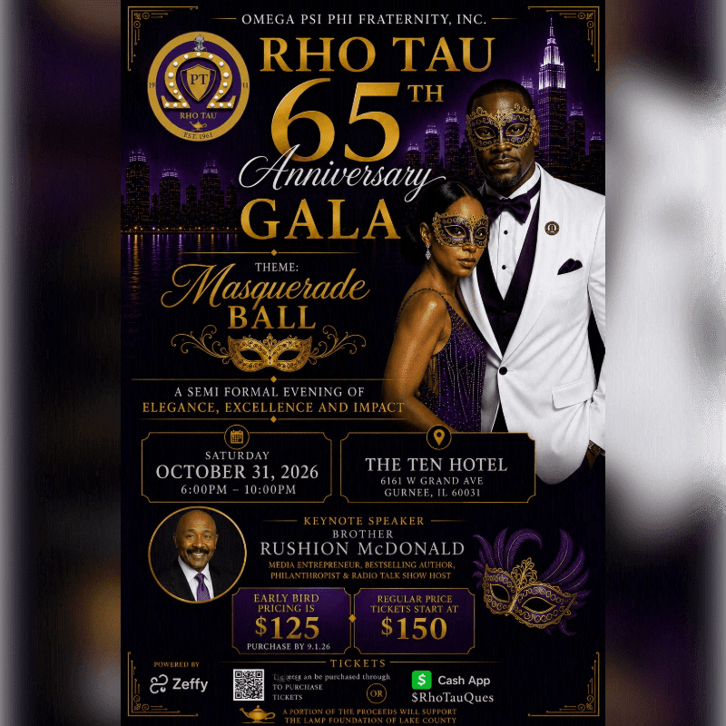 A couple in formal attire stands in the foreground against a backdrop of a city skyline at night, advertising the Rho Tau 65th Anniversary Masquerade Ball.