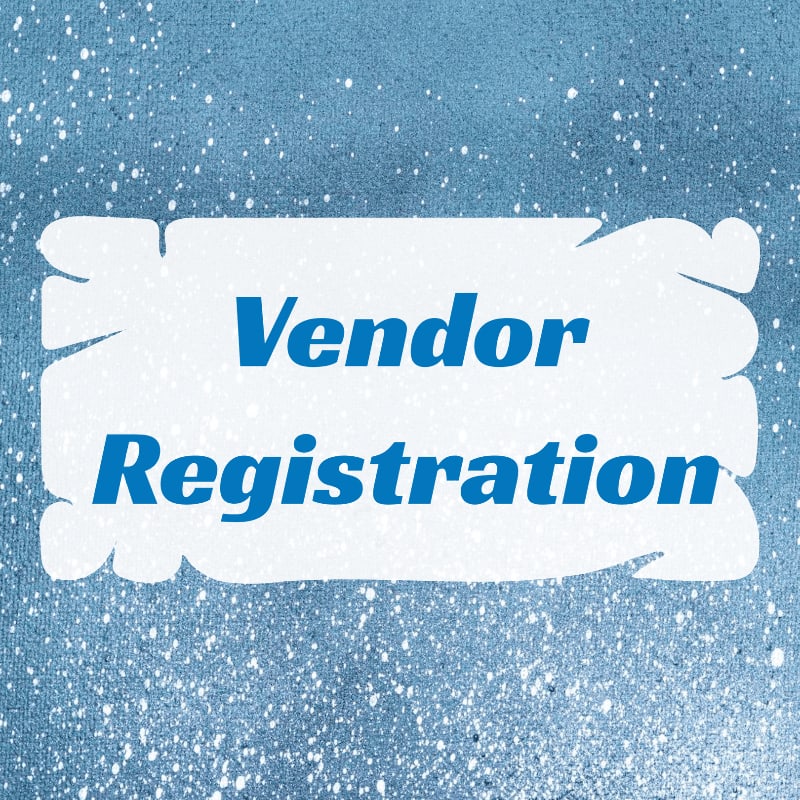 A white, wavy-edged rectangle with the words "Vendor Registration" in blue text is centered on a blue background with white speckles.