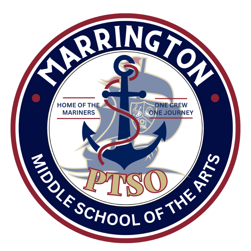 A navy blue and red circular logo for Marrington Middle School of the Arts features a ship and anchor in the background, with "PTSO" prominently displayed in the foreground.