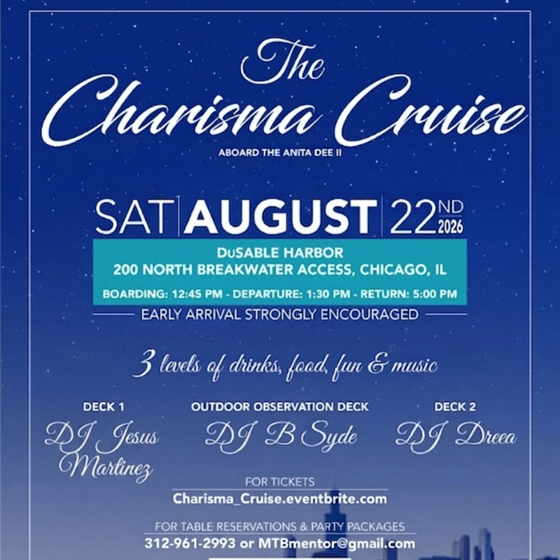A starry night sky with text announcing "The Charisma Cruise" aboard the Anita Dee II on Saturday, August 22, 2026, from Dusable Harbor in Chicago, with details on boarding, departure, and DJs.