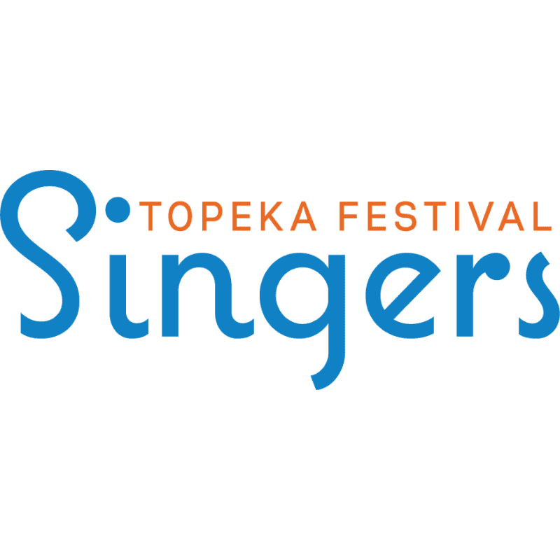 A large blue "S" with a small blue dot to its right is in the foreground, with "TOPEKA FESTIVAL" in orange text above the word "Singers" in blue text in the background.