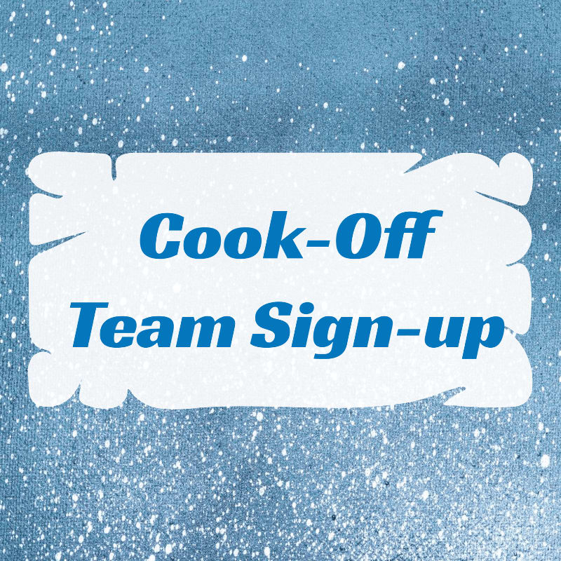 Dark blue text reading "COOK-OFF TEAM" is centered on a background of light blue and white vertical stripes.