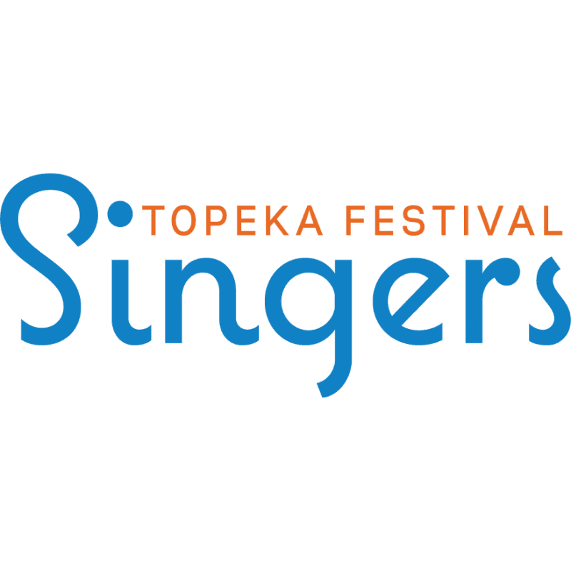 A large blue "S" with a small blue dot to its right is in the foreground, with "TOPEKA FESTIVAL" in orange text above the word "Singers" in blue text in the background.