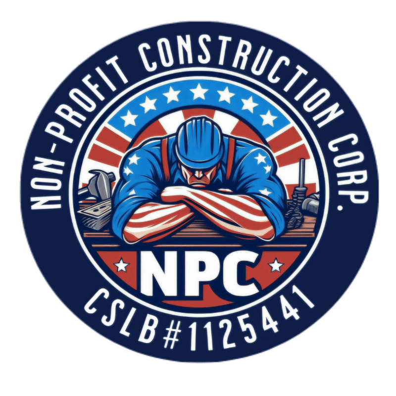 A construction worker with arms crossed in the foreground is set against a circular emblem featuring stars and stripes, tools, and text.
