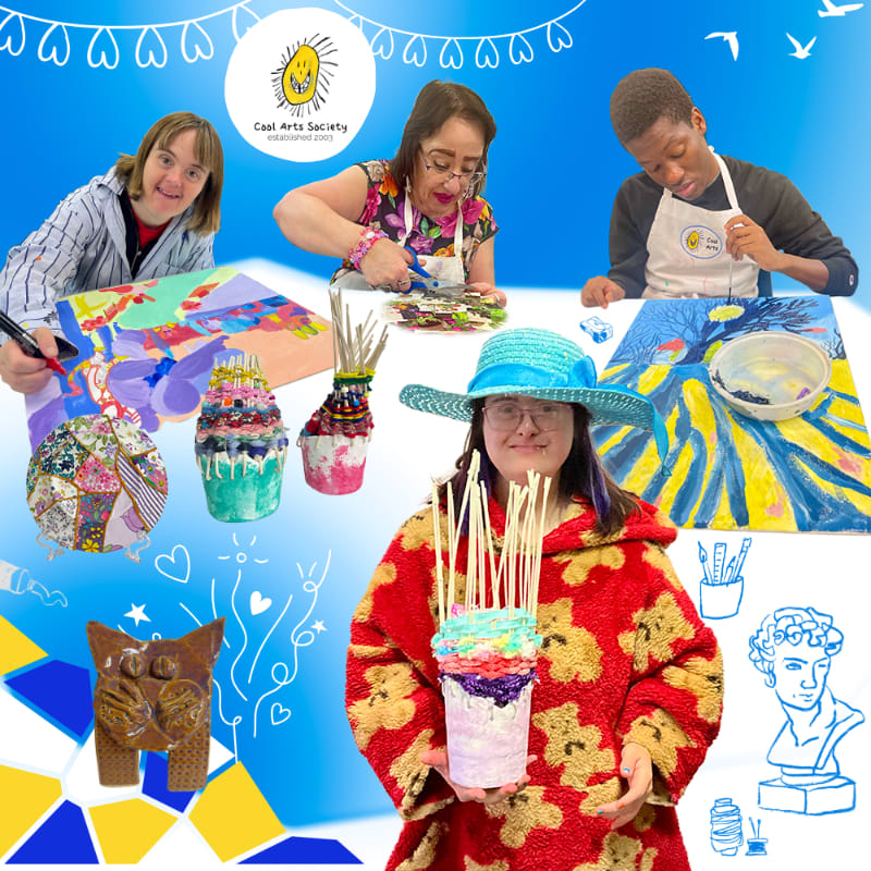 Three people are engaged in art activities in the foreground, with colorful artwork and crafts displayed, while a bright blue background features a logo and festive bunting.