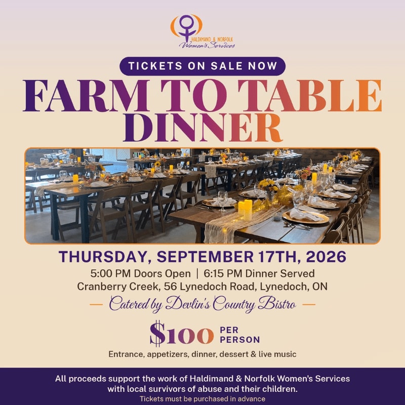 A long, rustic table set for a farm-to-table dinner is pictured in the foreground, with event details for a Thursday, September 17th, 2026 dinner in the background.