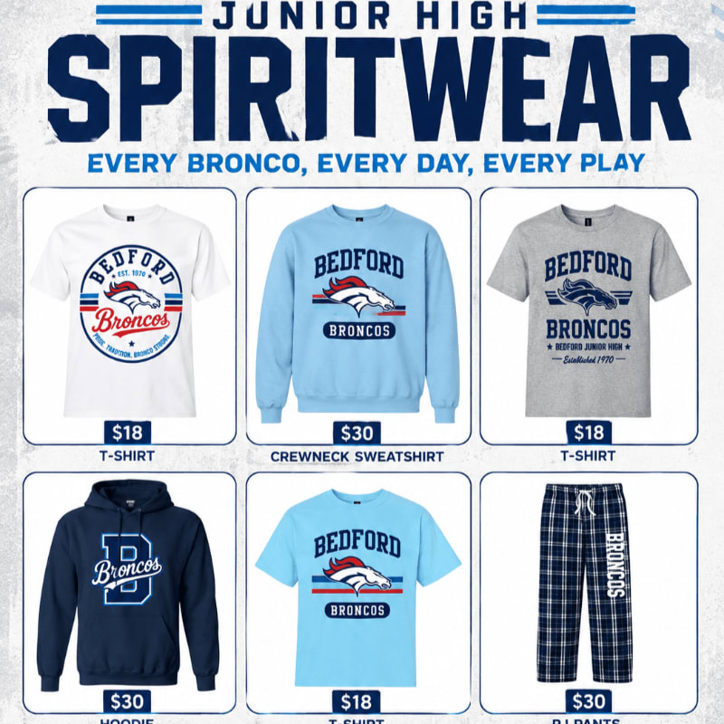Six pieces of Bedford Broncos spiritwear, including t-shirts, a sweatshirt, a hoodie, and pajama pants, are displayed against a textured blue and white background.