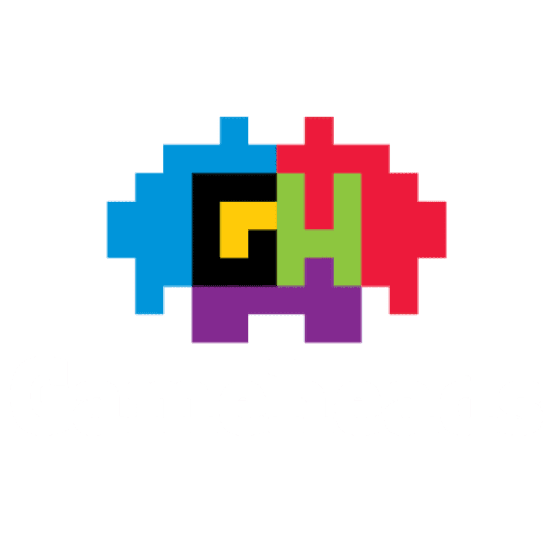 A pixelated alien-like figure with blue, red, and purple segments, a black square with a yellow "L" shape, and a green "H" is centered on a plain white background.