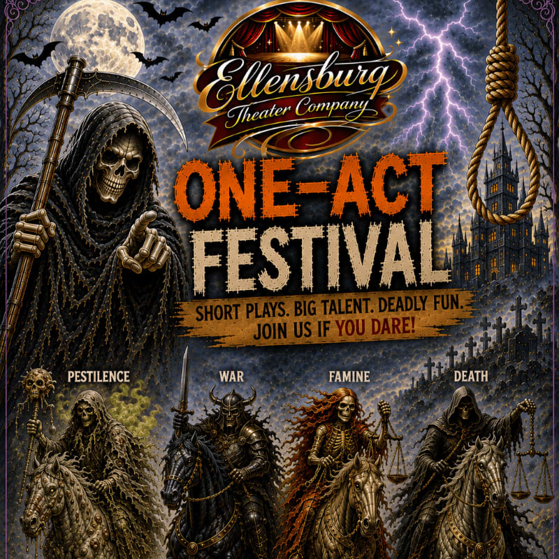 The Grim Reaper looms over four horsemen of the apocalypse in the foreground, while a spooky castle and gallows stand against a lightning-filled sky in the background.