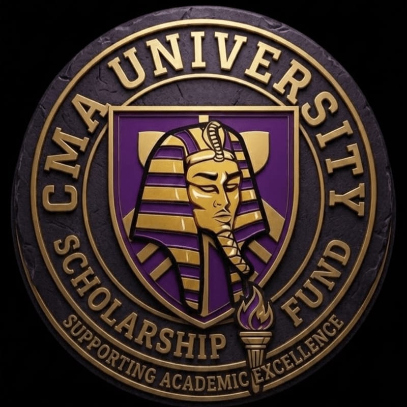 A circular emblem with "CMA UNIVERSITY FUND SCHOLARSHIP SUPPORTING ACADEMIC EXCELLENCE" inscribed around a pharaoh's head and a torch, set against a dark background.