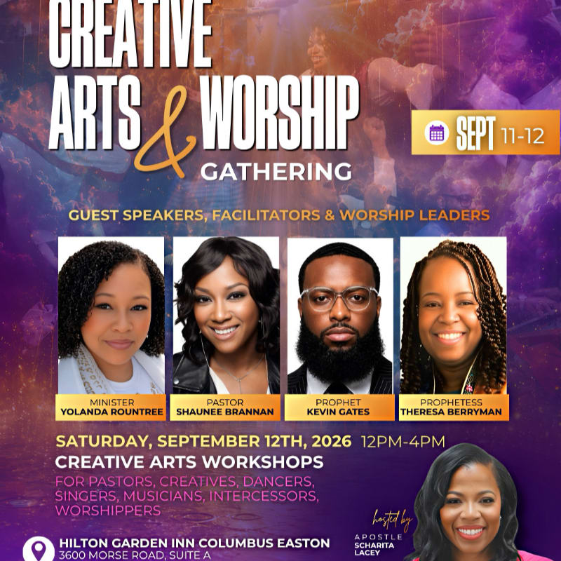 Four individuals are featured in the foreground against a purple and gold abstract background with text announcing a "Creative Arts & Worship Gathering" on September 11-12.