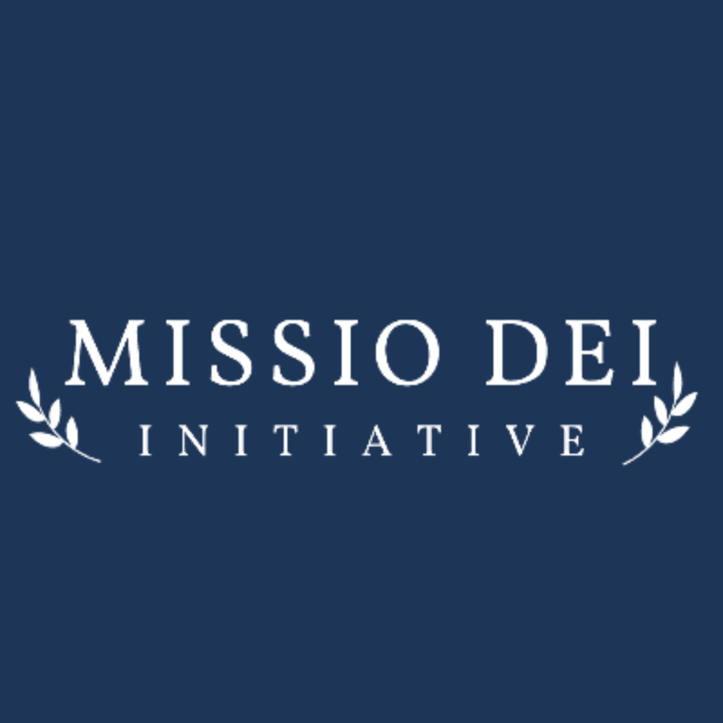 White text spelling "MISSIO DEI INITIATIVE" is centered on a dark blue background, framed by delicate white laurel branches on either side.