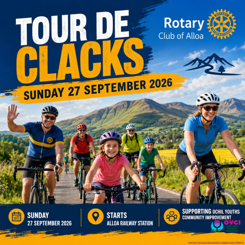 A group of cyclists, including children, ride on a road with rolling hills and mountains in the background, advertising the "Tour de Clacks" event on Sunday, September 27, 2026.