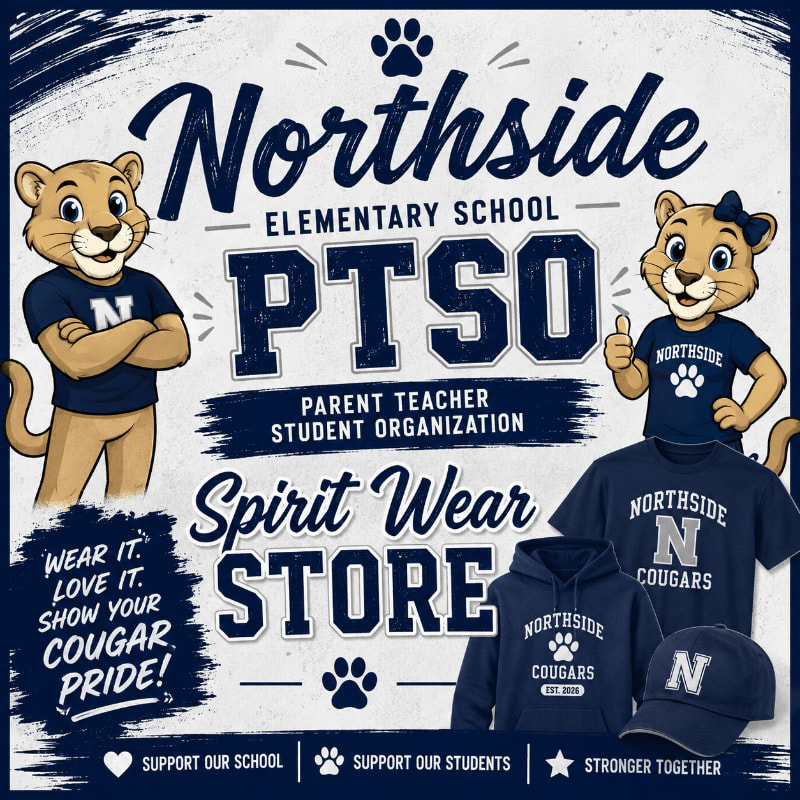 Two cartoon cougars in school spirit wear stand in front of a graphic advertising the Northside Elementary School PTSO Spirit Wear Store, with examples of the merchandise displayed.