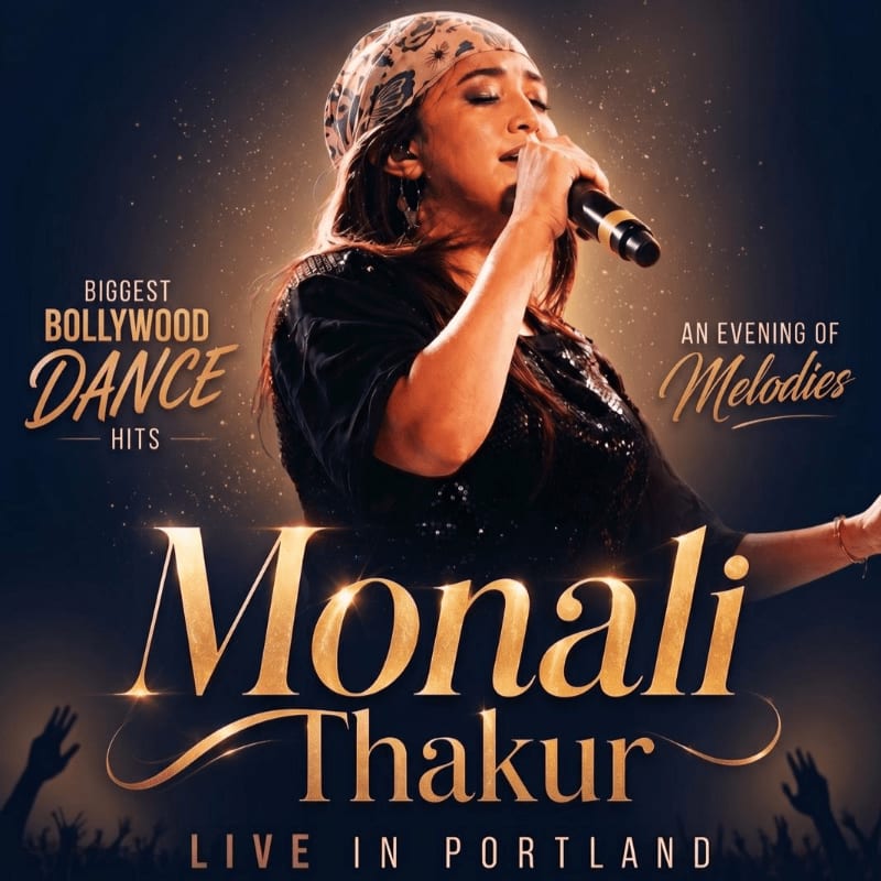 A vibrant concert poster features Monali Thakur singing into a microphone in the foreground, with a cityscape and mountains in the background.