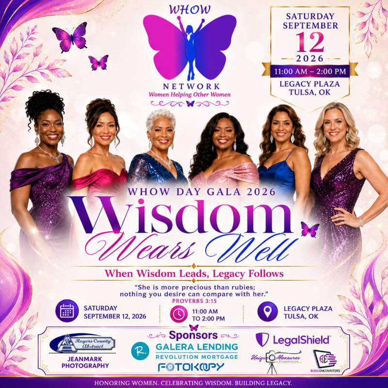 Five elegantly dressed women are featured in the foreground against a purple and gold background with butterflies and event details.