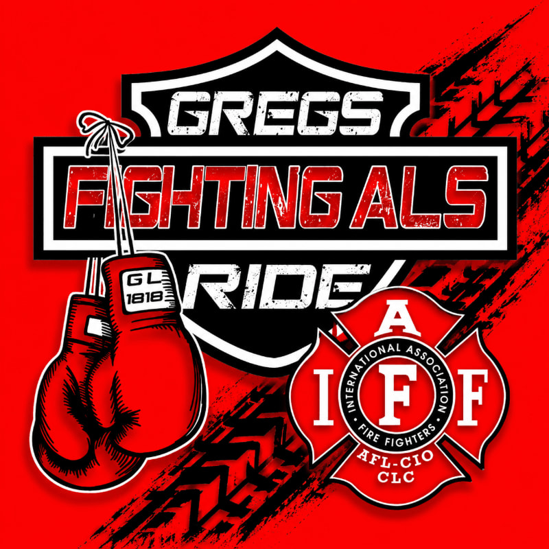 Red boxing gloves hang in the foreground against a black and red background featuring logos for "Greg's Fighting ALS Ride" and the International Association of Fire Fighters.