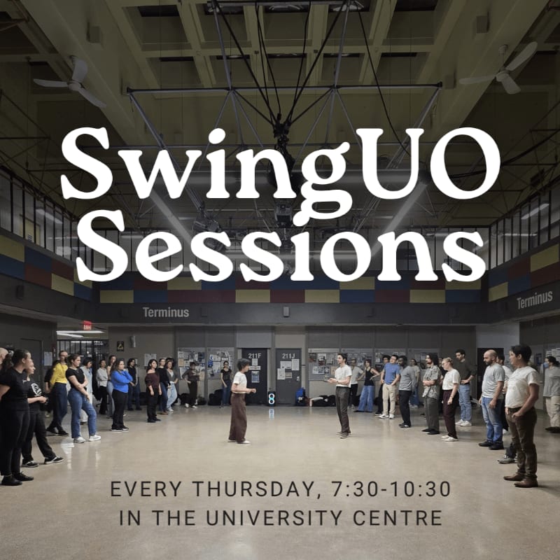 A group of people gather in a large hall for SwingUO Sessions, with "Terminus" signs visible in the background.