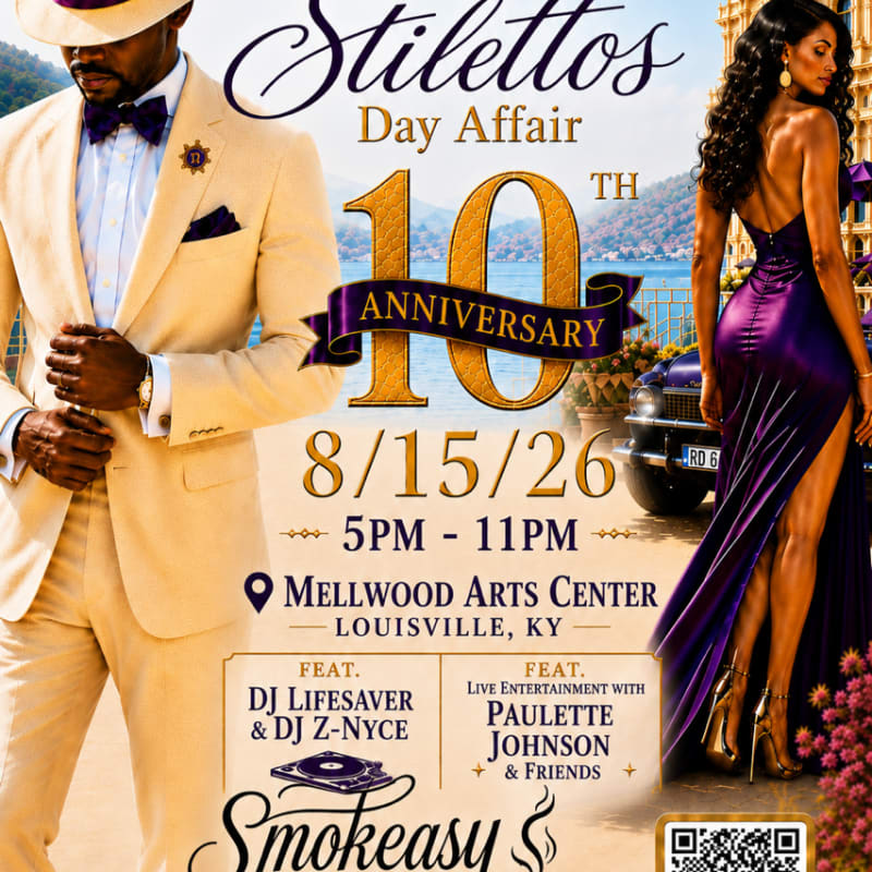 A stylish couple in formal attire stands before a backdrop of a scenic waterfront and city skyline, advertising a "Stilettos Day Affair" 10th Anniversary event.