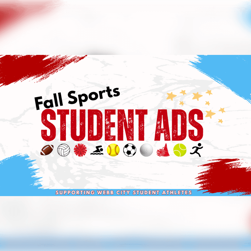Red and blue brush strokes frame a white background with "Fall Sports STUDENT ADS" in large red letters, accompanied by various sports icons in the foreground and a blue banner at the bottom.