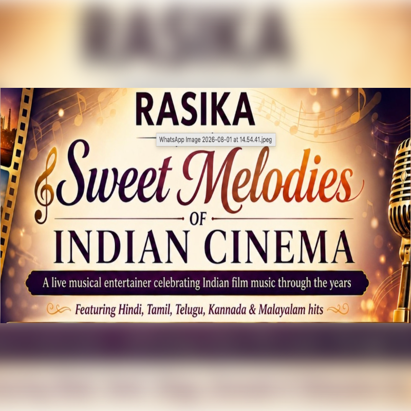 A vintage microphone and film reel frame the title "RASIKA Sweet Melodies of Indian Cinema" against a backdrop of musical notes and bokeh lights.