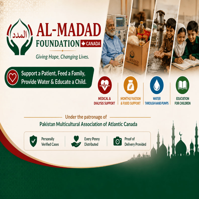 A collage of images showcasing charitable work, including a man with medical equipment, a food bag, children receiving education, and a mosque silhouette in the background.