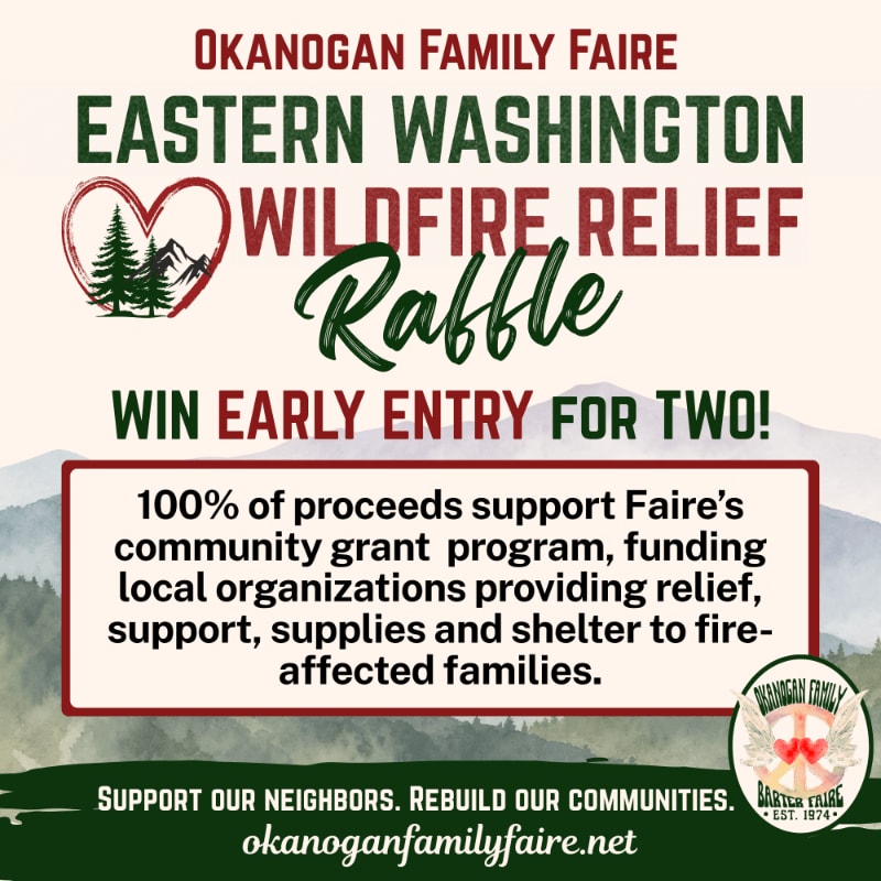 A raffle for Eastern Washington wildfire relief is advertised against a backdrop of mountains, with a red-bordered box detailing the cause in the foreground.