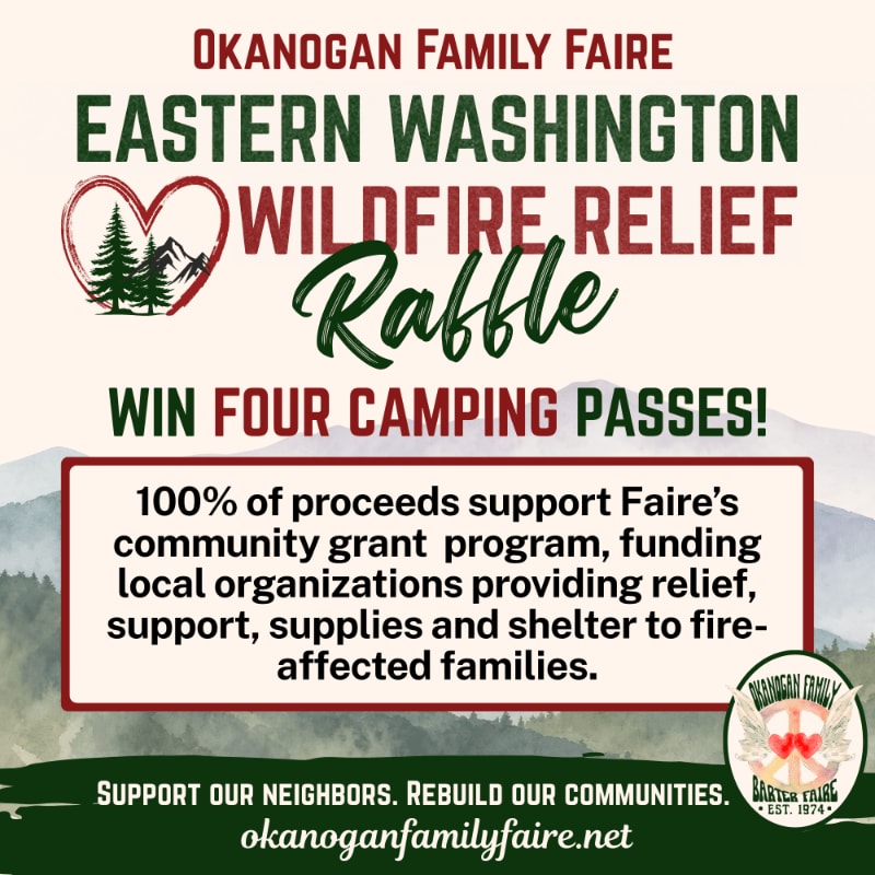 A raffle for Eastern Washington wildfire relief is advertised with a heart logo and camping passes as prizes, set against a backdrop of misty mountains.