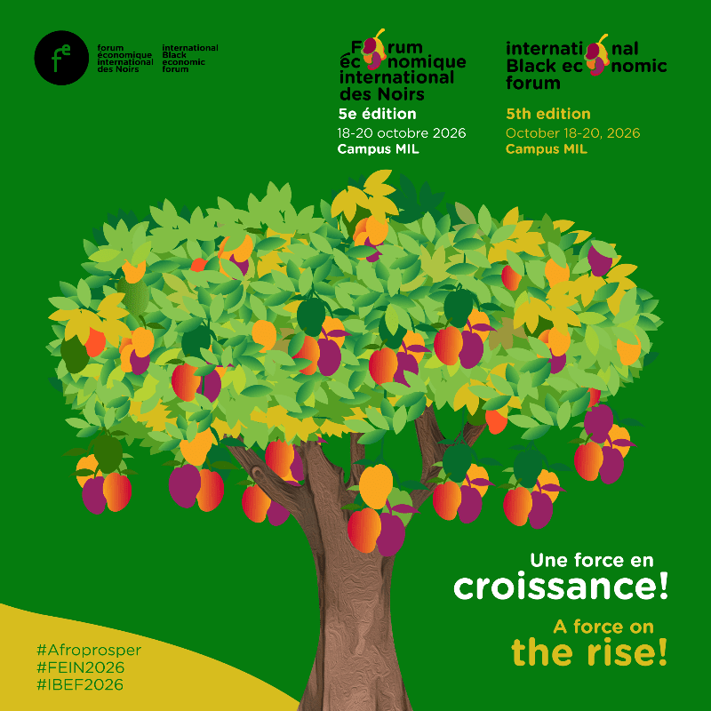 A vibrant tree laden with fruit stands in the foreground against a solid green background, with text announcing "Une force en croissance!" and details about the "Forum économique international des Noirs."