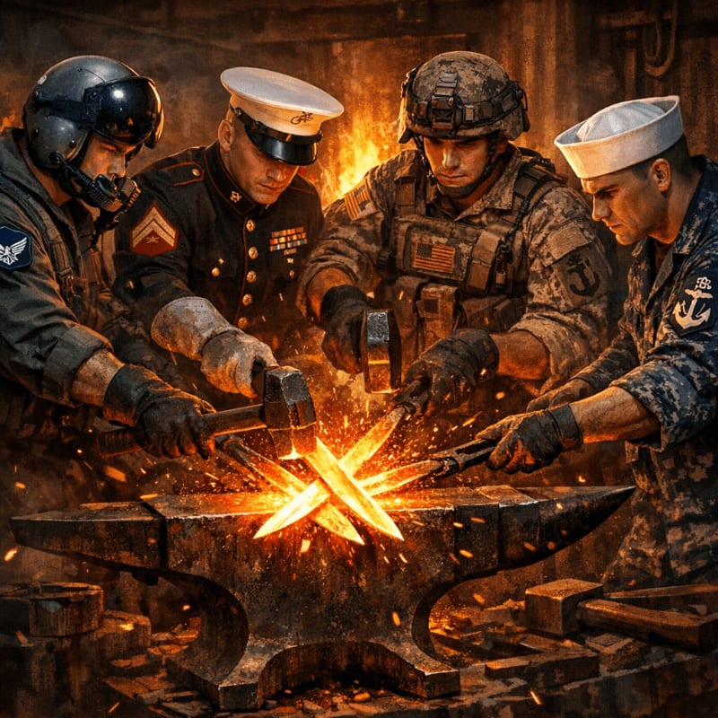 Four servicemen from different branches of the military forge glowing blades on an anvil in a dimly lit workshop.