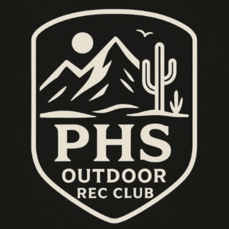 A black and white emblem features the text "PHS OUTDOOR REC CLUB" in the foreground, with a desert landscape of mountains, a saguaro cactus, and a bird in flight in the background.