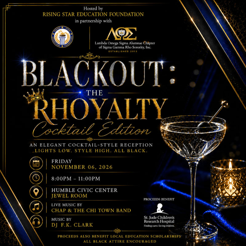 A sophisticated cocktail glass and a lit candle in the foreground are set against a dark background featuring event details for "Blackout: The Rhoyalty Cocktail Edition."
