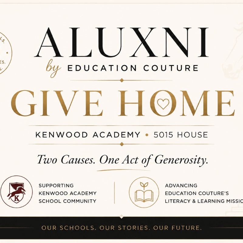 A gold and black banner with the text "ALUXNI by EDUCATION COUTURE GIVE HOME" is displayed against a light background, with smaller text and logos at the bottom.