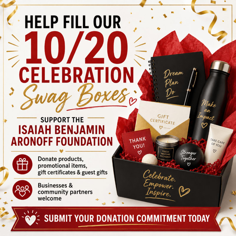 A black swag box filled with items like a notebook, water bottle, and gift certificate sits on a red crinkled paper background, surrounded by gold confetti.