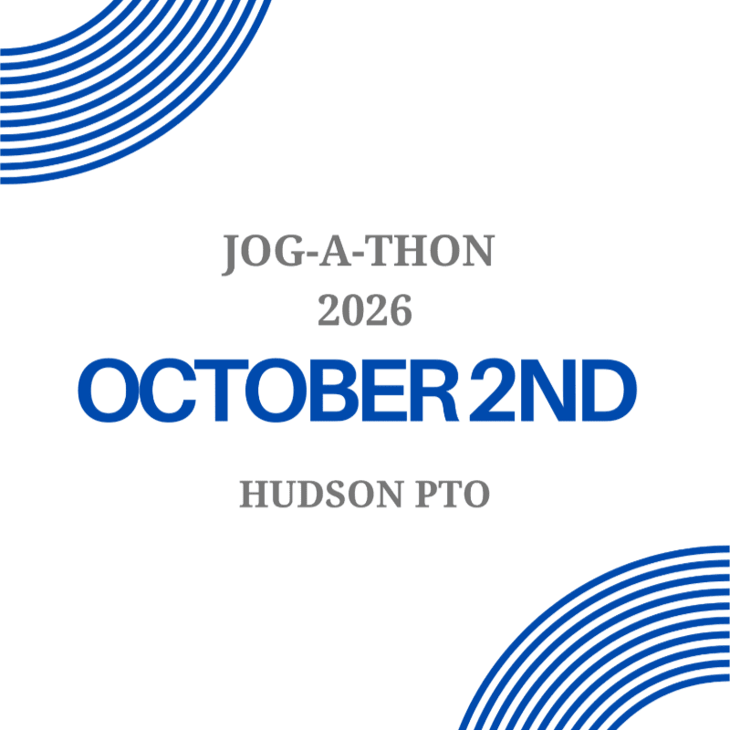 Blue concentric circles frame a white background with text announcing "JOG-A-THON 2026 OCTOBER 2ND HUDSON PTO".